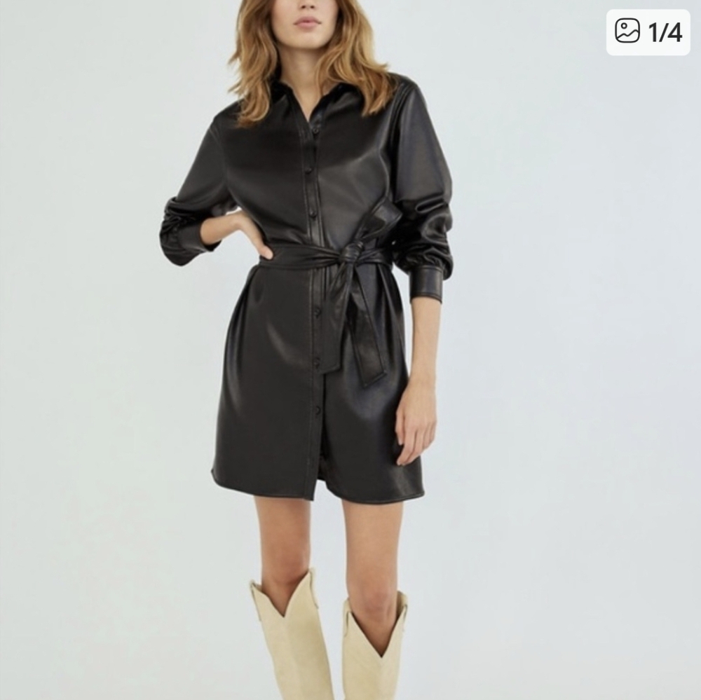 Aritzia Wilfred Black Faux Leather Shirt Dress